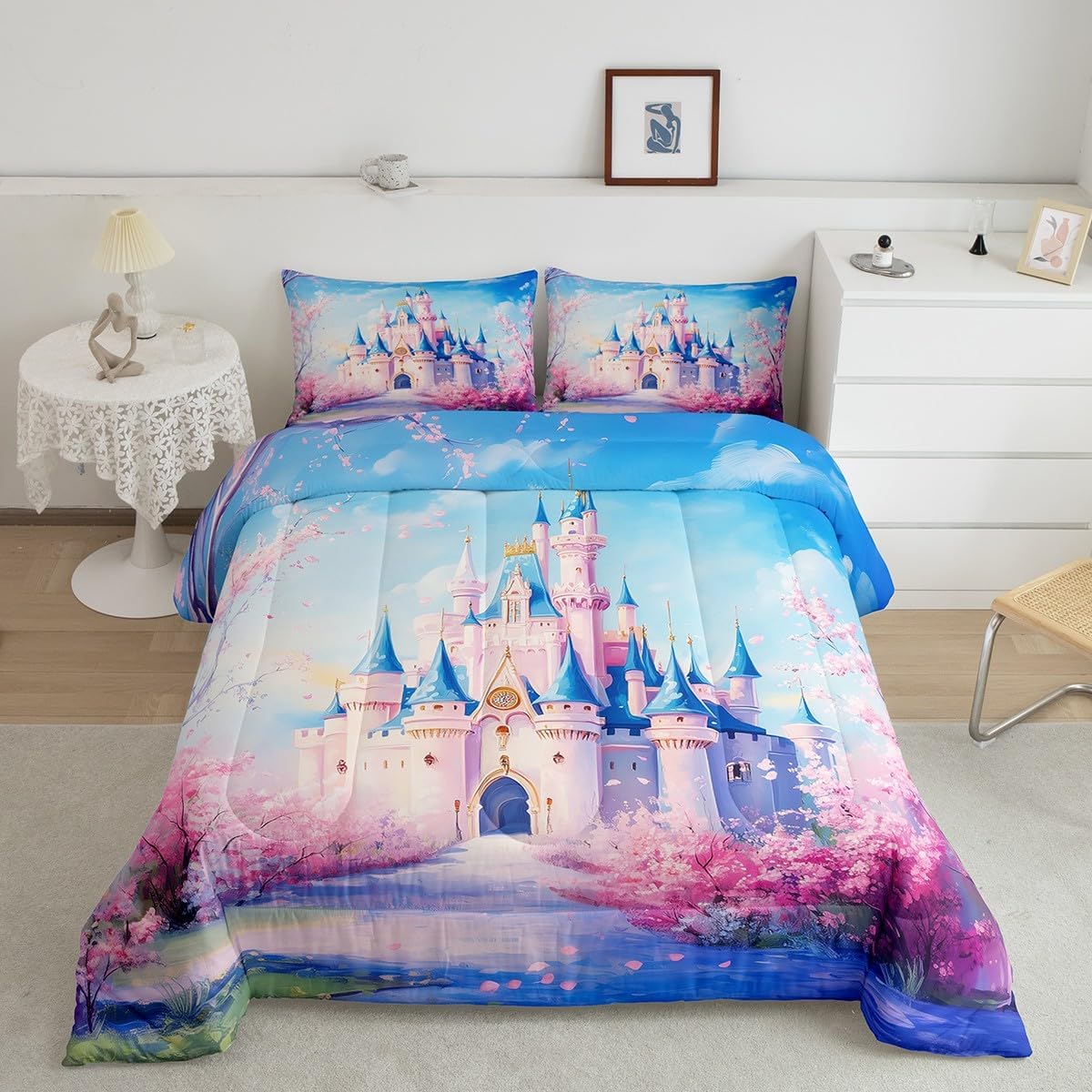 Castle Comforter Set Full Size,Princess Flower Floral Kids Bedding Set,Romantic Dreamy Fantasy Quilt Comforter,Blue Pink Duvet Insert,2 Pillowcases