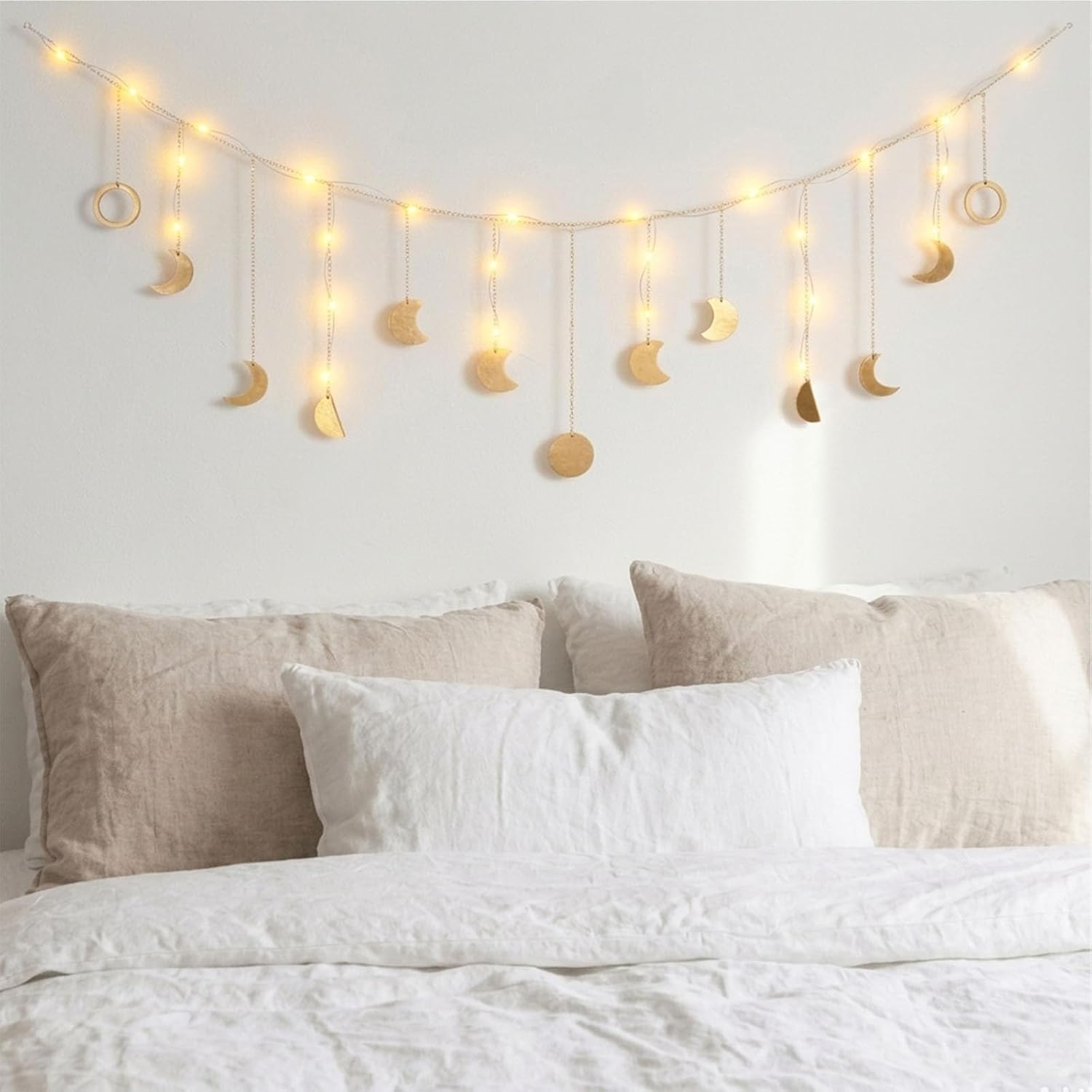 Moon Phase Wall Decor, Gold Celestial Décor, 56" Boho Wall Hanging Decor Mood Garland with LED String Light - 13 Celestial Phases Décor & Boho Wall Décor for Bedroom Living Room, Gift for Women & Kids
