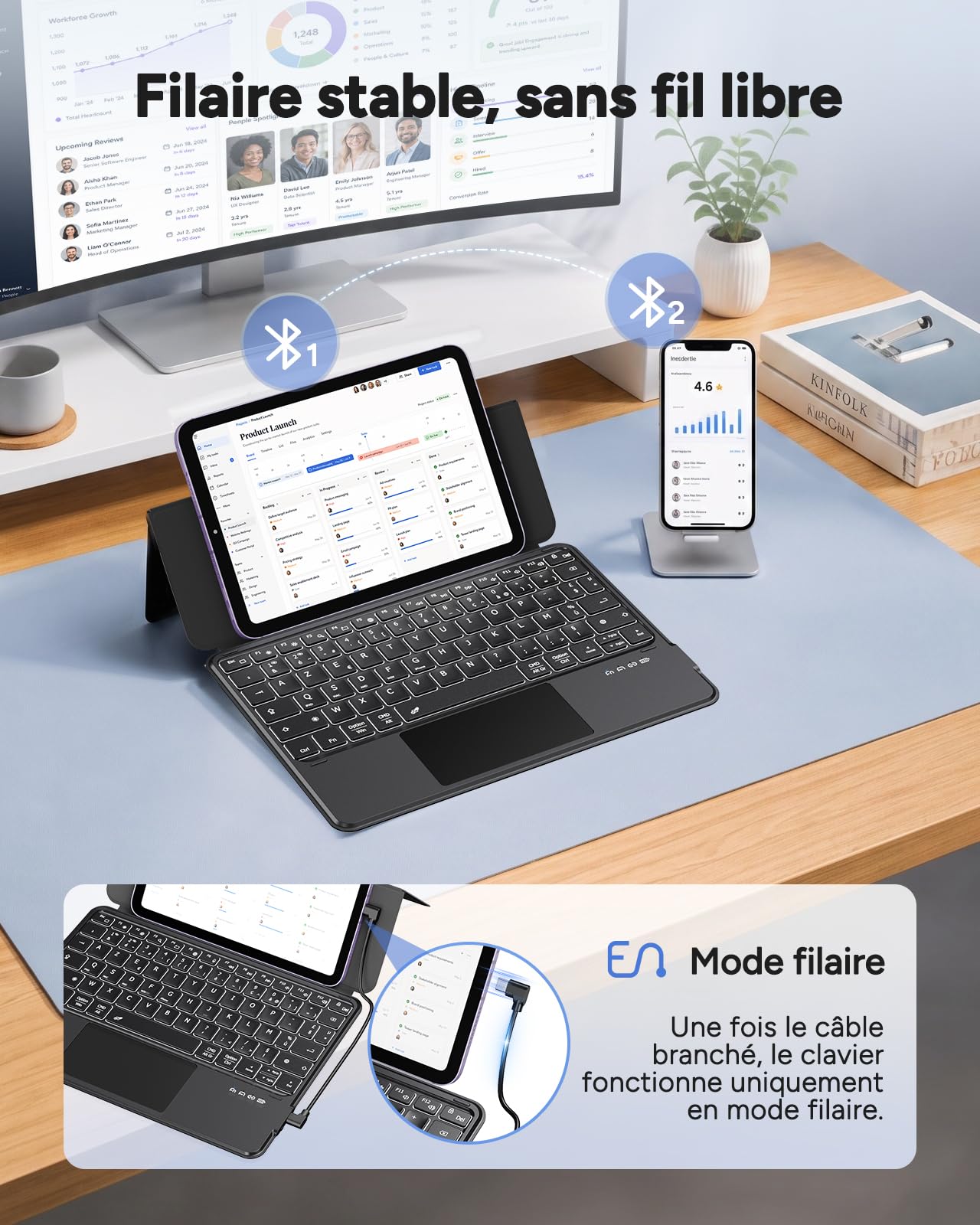 Doohoeek Clavier Universel Bluetooth & Filaire pour Tablette et Smartphone