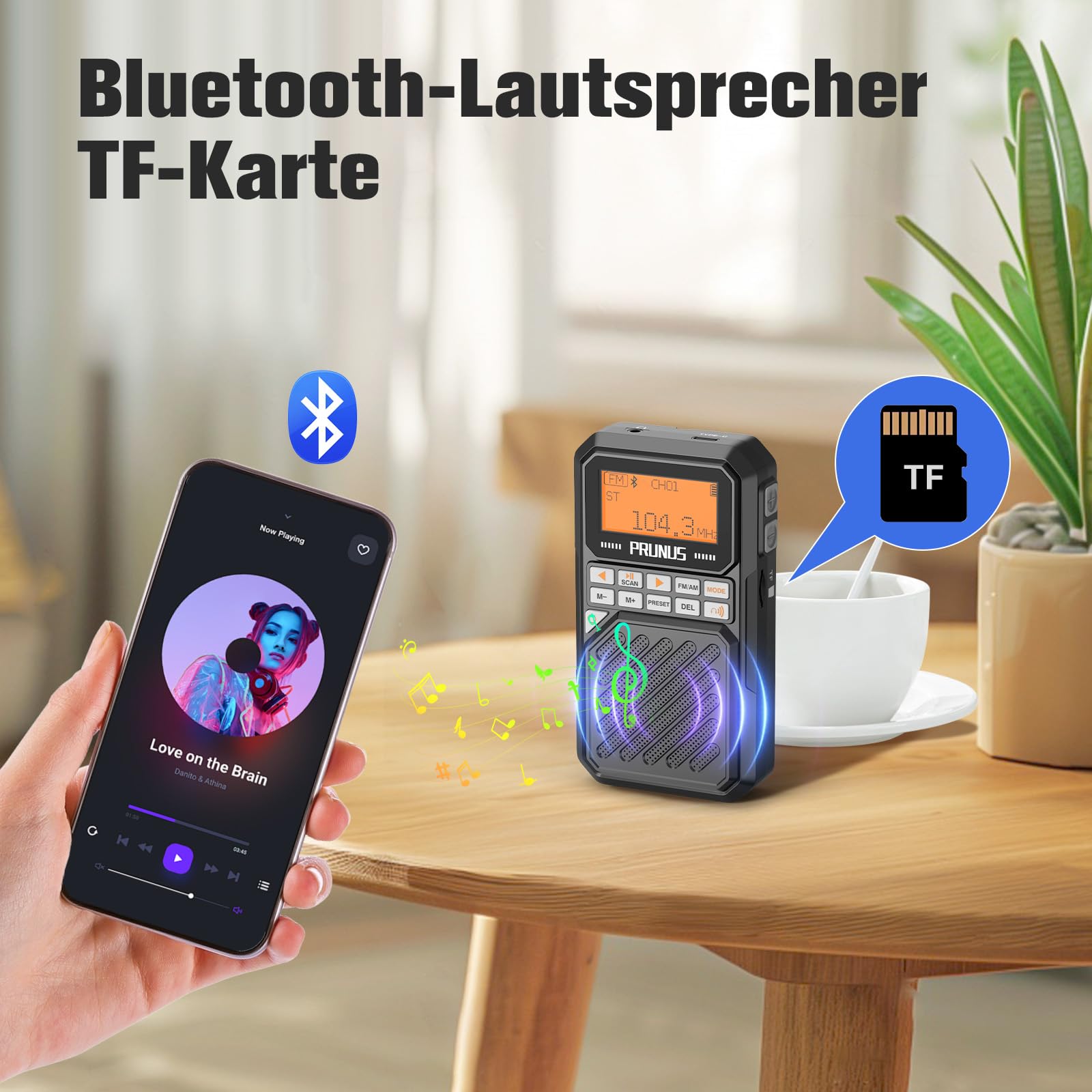 PRUNUS J-525 AM/FM/UKW Kleines Radio mit Bluetooth- Kopfhörern Verbunden, Digital Radio mit 2500mah Akku, Mini Radio unterstützt Manuelle Senderspeicher, Sleep Timer, 3,5-mm-Klinke, MP3/TF