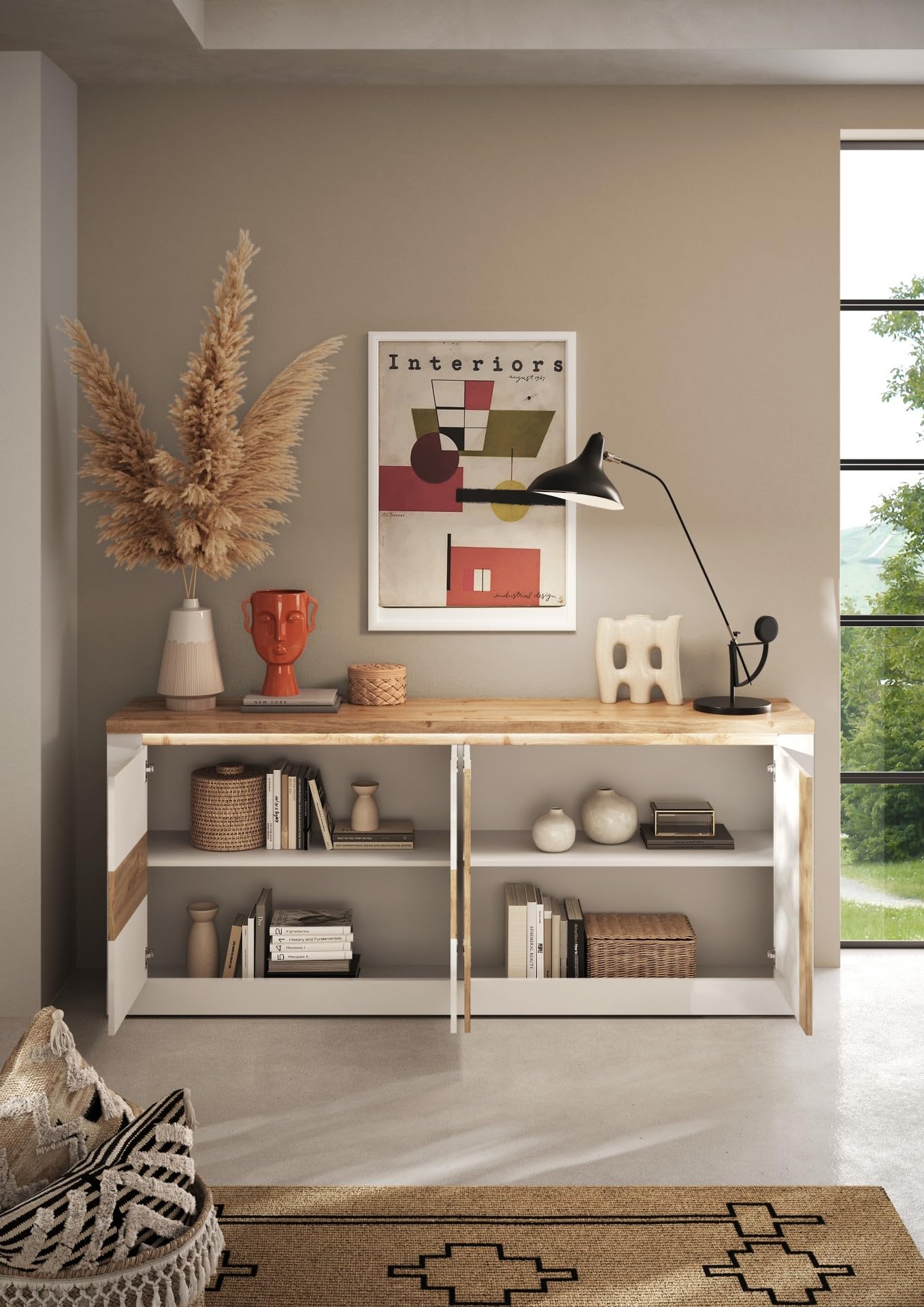 REDÒKASA Madia 4 ante Bianco/Cadiz Linea ISCHIA L 210 x H 84 x P 44, realizzato in legno 100% MADE IN ITALY, design moderno per cucina, sala da pranzo, soggiorno (Bianco/Cadiz)