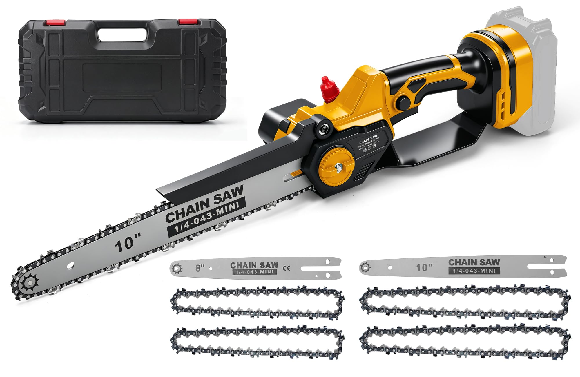 Mini motosierra 2 en 1 de 10 y 8 pulgadas con 4 cadenas, compatible con batería DeWalt de 20 V, motor sin escobillas de 1000 W, sierra eléctrica para jardín, cuidado de árboles y leña (sin batería ni