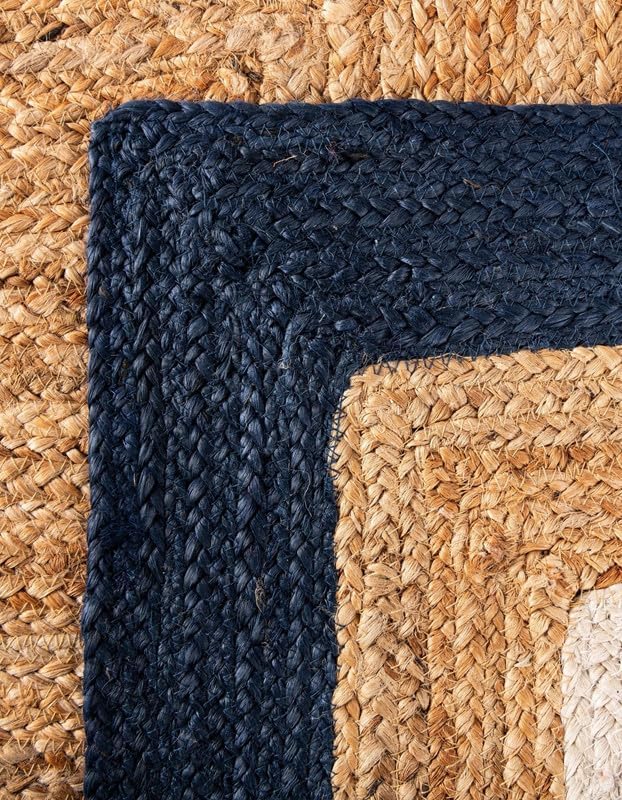 2x6 Ft Beige and Navy Blue & White Jute Area Rug, Hand-Woven, Handcrafted & Unique Designs, Farmhouse Boho Style, Durable & Pet-Friendly Rug for Living Room, Dining Room, and Bedroom