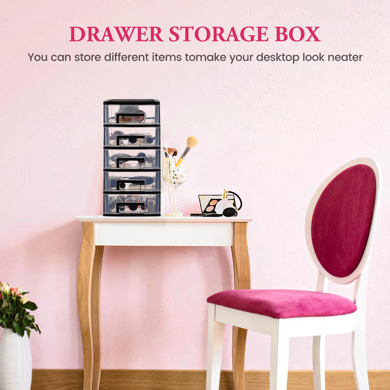 Artibetter Organizer 5 Cassetti in Plastica Trasparente per Scrivania, Cassettiera Portaoggetti Capiente e Pratica per Cosmetici e Materiali da Cucito in Vanità