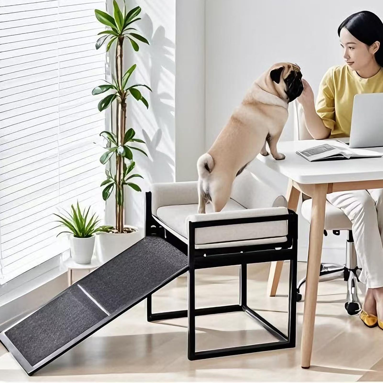 Rampas Plegables para Perros con Cojín De Asiento, Escalera Antideslizante para Mascotas para Subir A La Cama O Al Sofá, Escalón para Perros Pequeños Y Medianos, Marco De Metal,Beige,with Wheels