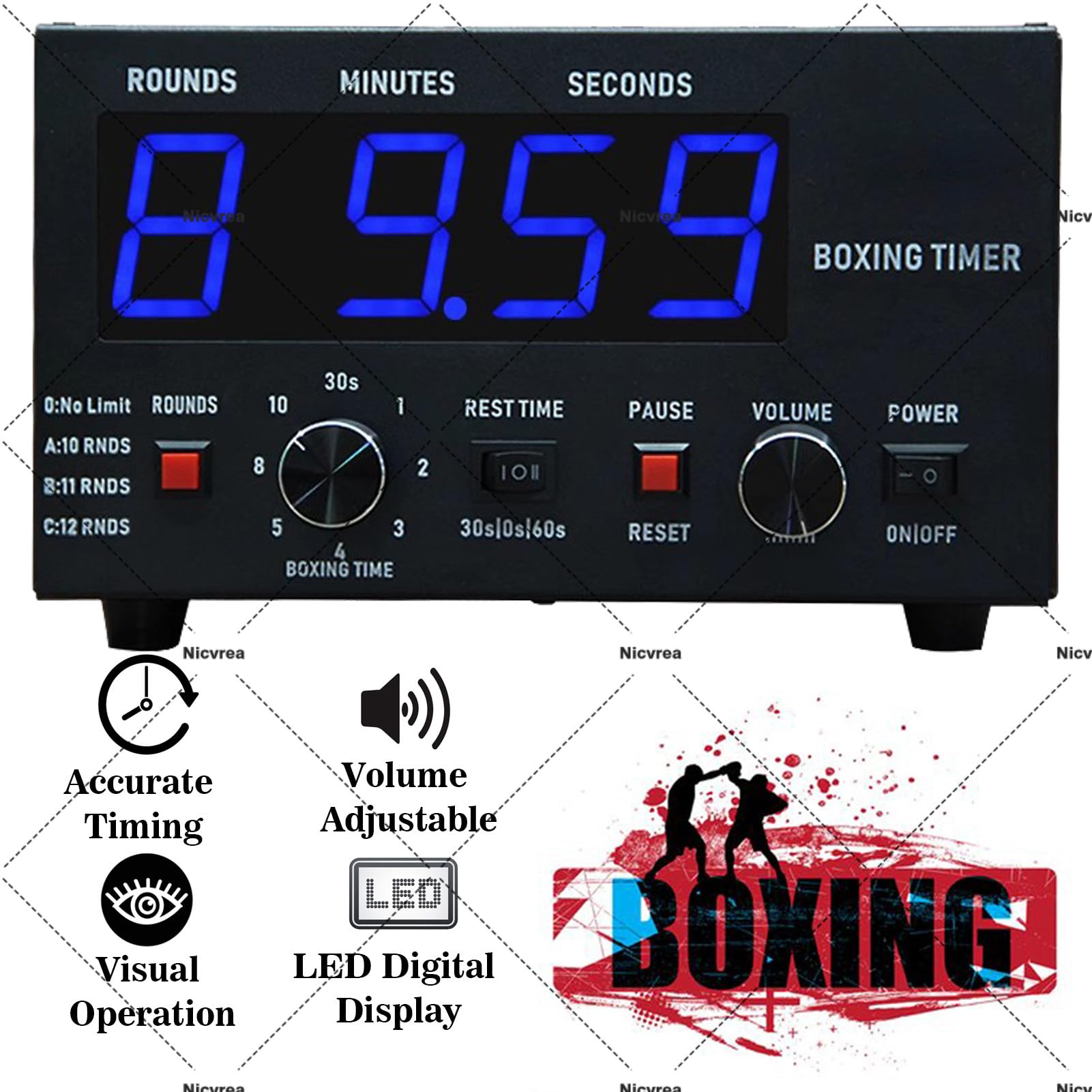 Timer a intervalli con display a LED, suono regolabile, tempo di allenamento personalizzabile e ripetizioni per allenamenti di boxe, MMA, kickboxing