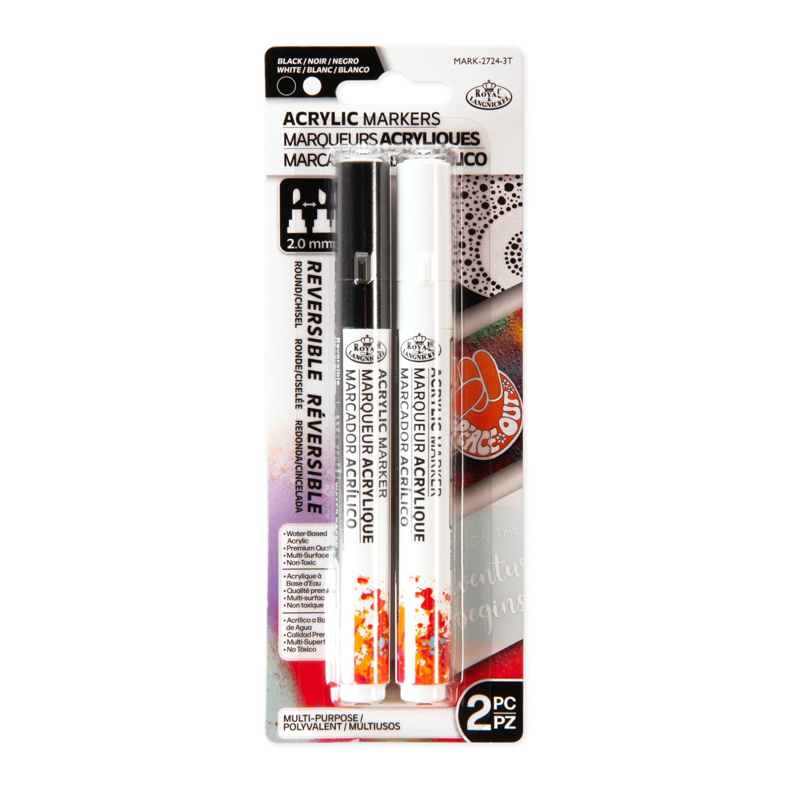 Royal & Langnickel 2 rotuladores de pintura acrílica para artistas, punta reversible de 2 mm, blanco y negro.