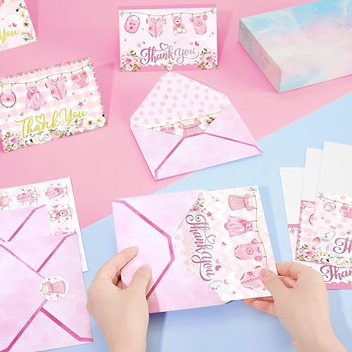 Vista 11 de WERNNSAI Tarjetas de agradecimiento de dinosaurios, 24 unidades, decoraciones de cumpleaños de dinosaurios rosados, tarjetas de felicitación