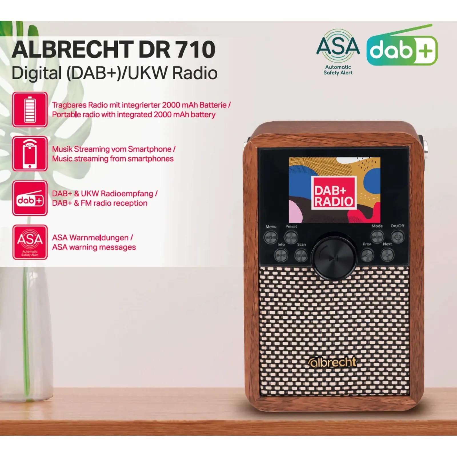 Albrecht DR 710 Radio numérique Portable Dab+ avec Son cristallin et Messages d'avertissement ASA | BT 5.3 | Batterie 2000 mAh | Diffusion de Musique Via Smartphone, Carte SD et USB