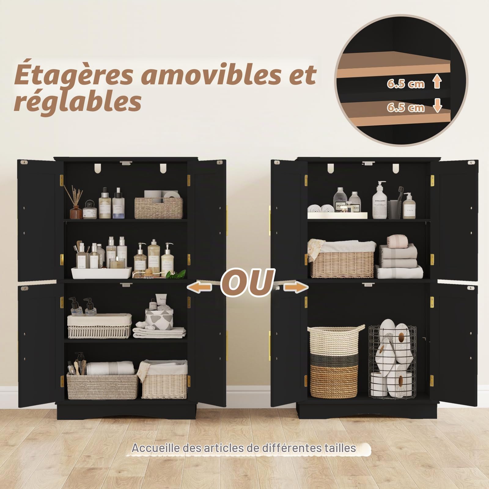 KOMFOTTEU Meuble Salle de Bain, 4 Portes & 2 Étagères Réglables, Noir