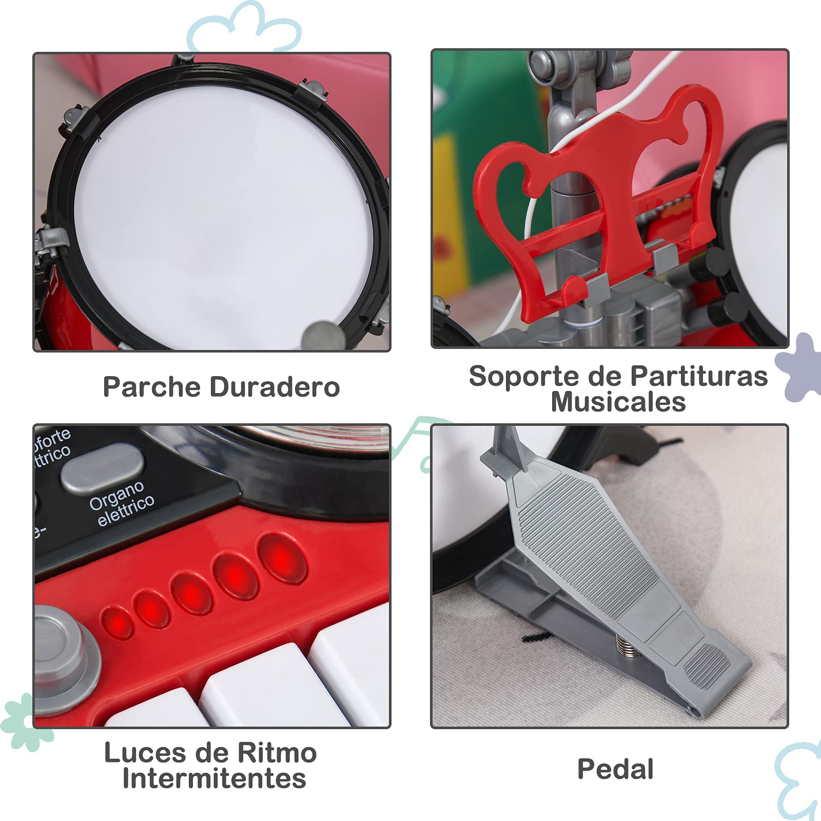 HOMCOM Batería Infantil con Taburete, Jazz Batería Infantil con 4 Tambores, Micrófono, Platos, Baquetas Teclado, Instrumento Musical para Niños +3 Años, Rojo