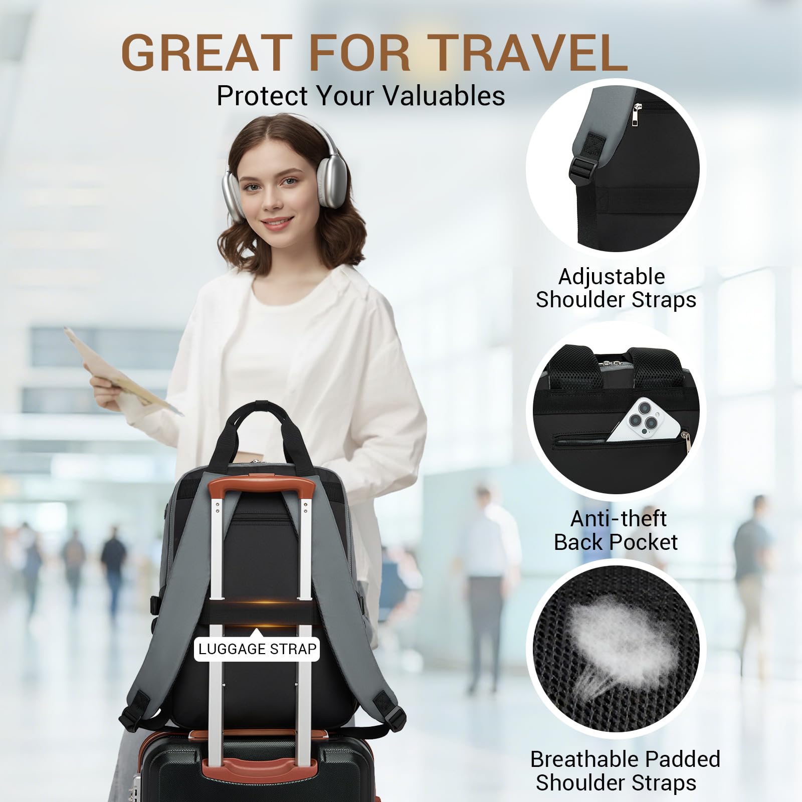 Kono Mochila para Portátil 15,6 Pulgadas Mujer, Gran Capacidad, Impermeable con Bolsillo para Botella, Ideal para Trabajo, Universidad, Viajes(Gris/Beige)