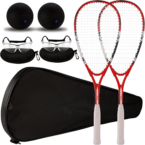 Paquete de 2 raquetas de squash para principiantes, incluye raquetas con bolsas de raqueta, fundas antivaho para gafas, bola de punto azul,