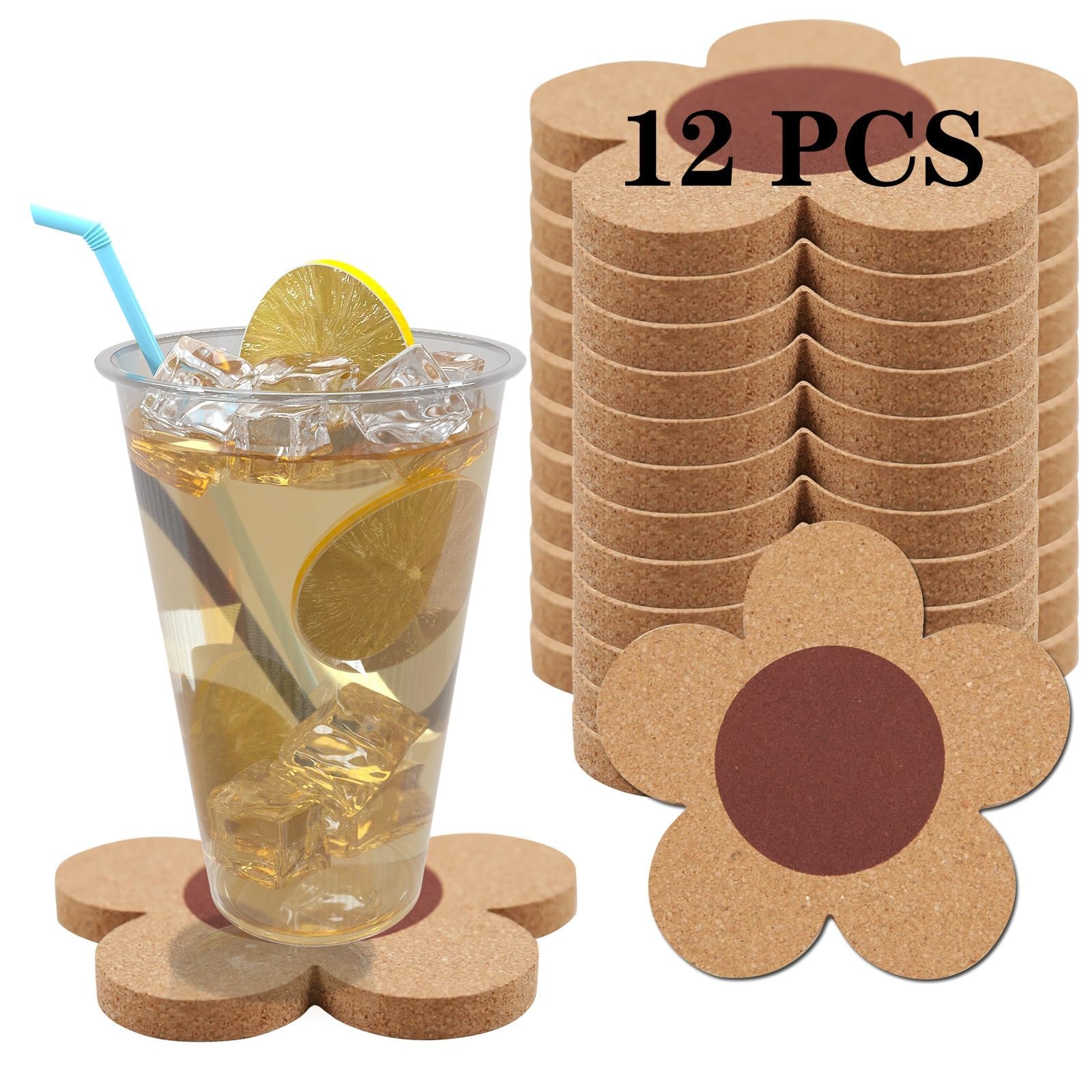 KASTWAVE 12 Pcs Flower Cork Coaster for Drinks, Absorbent and Reusable Non-Slip Heat Resistant Coffee Coasters, 100% Natural Cork for Tabletop Protection Coasters, Kitchens, Work desks Coasters
