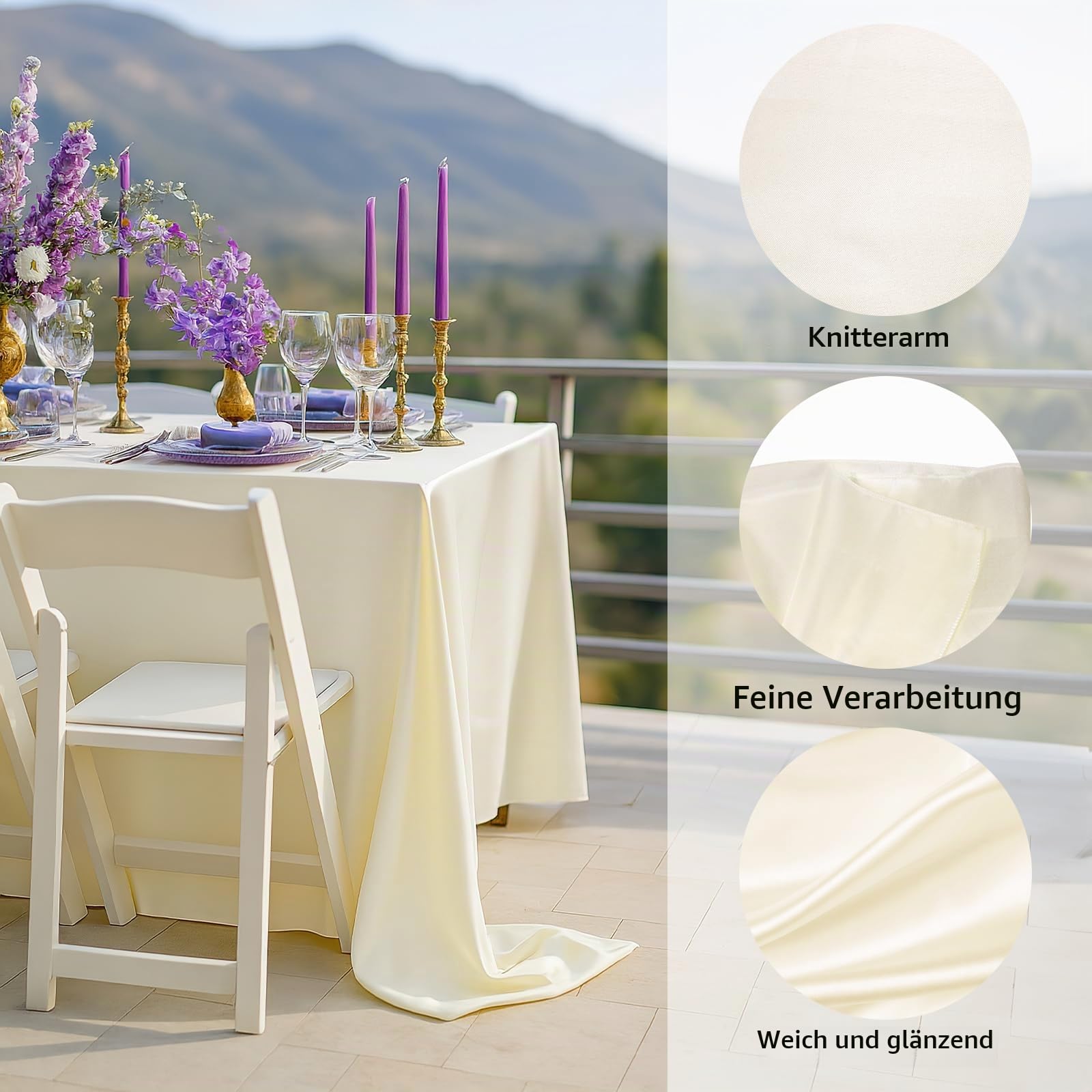 8 Stück Elfenbeinfarbene Satin-Tischdecken 259 × 147 cm – Rechteckige Glänzende Tischdecke für Hochzeit, Abendessen, Geburtstag, Jubiläum, Partys und Events