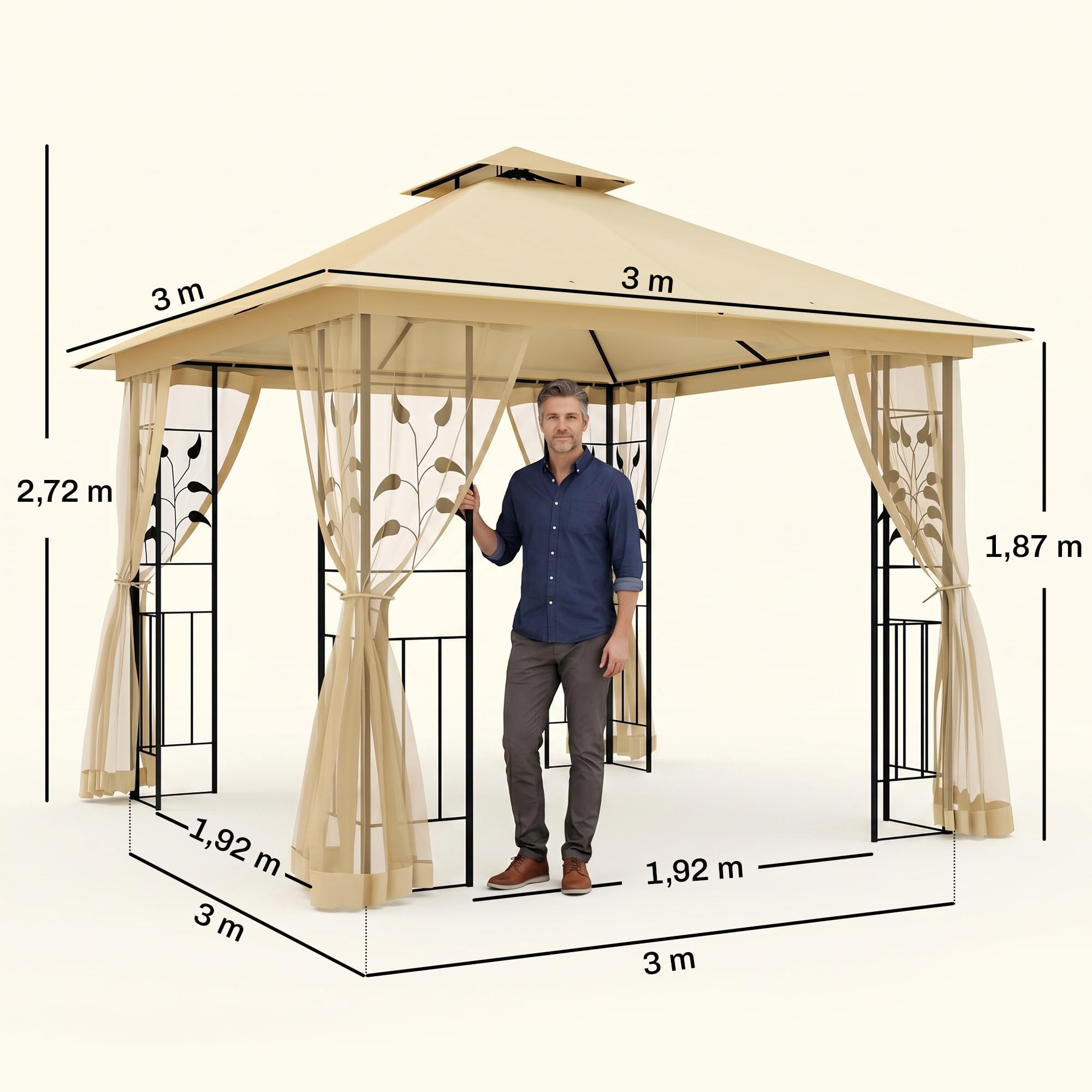 Outsunny Cenador de Jardín 3x3x2,72 m Gazebo Carpas para Exterior Grandes con Doble Techo Mosquiteras y Marco de Acero para Patio Fiesta Beige