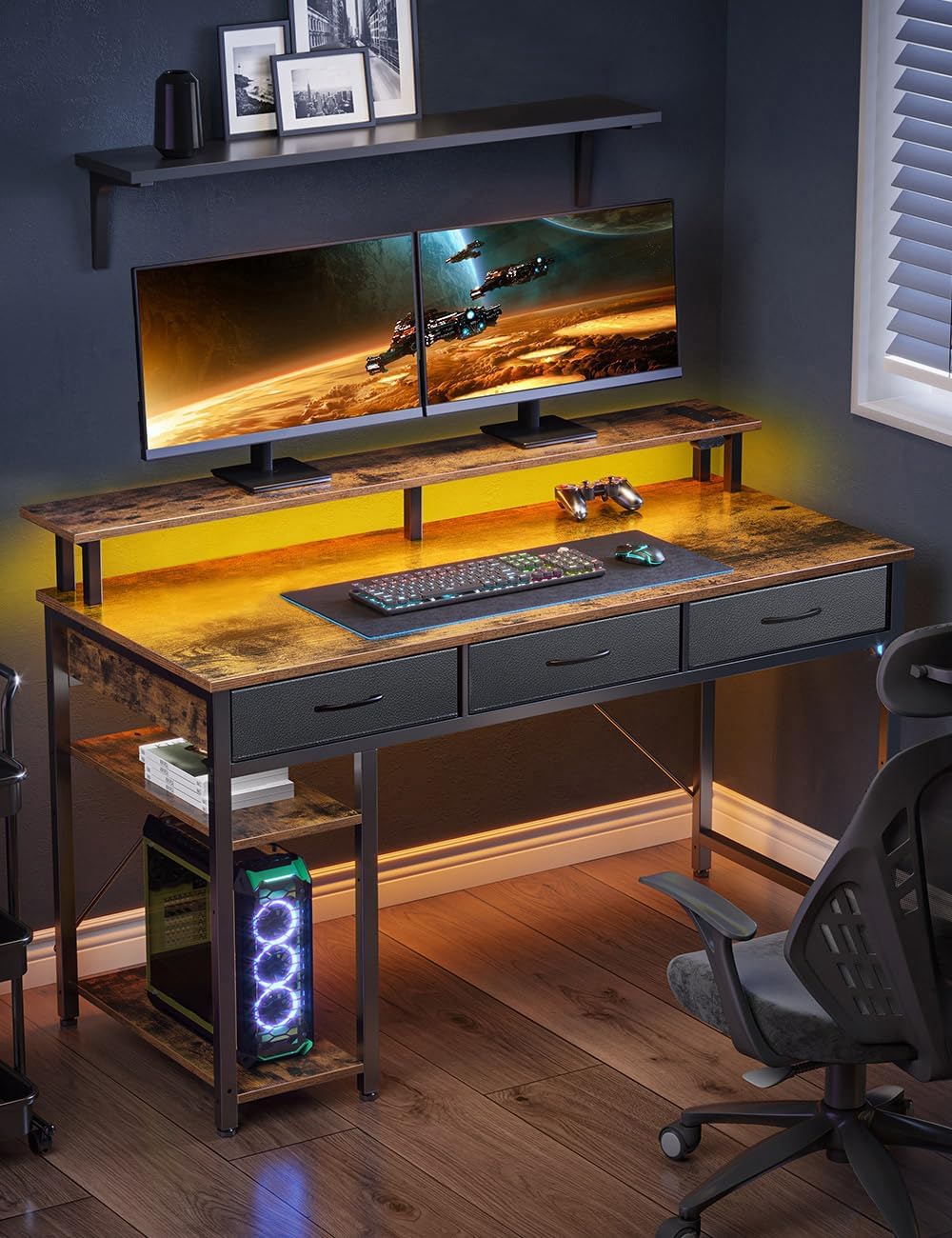 Rolanstar Computer Desk with Power Outlets & LED Light, 55 inch Home Office Desk with 3 Drawers and Storage Shelves, Writing Desk with Monitor Stand, Work Desk for Home Office,Rustic Brown