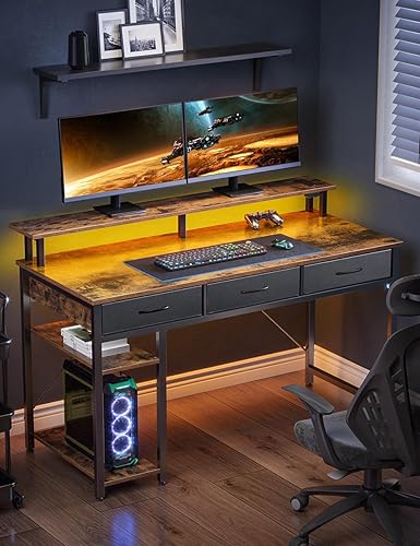 Miniatura 2 de Rolanstar Computer Desk with Power Outlets & LED Light, 47 inch Home Office Desk with 3 Drawers and Storage Shelves, Writing Desk with Monitor