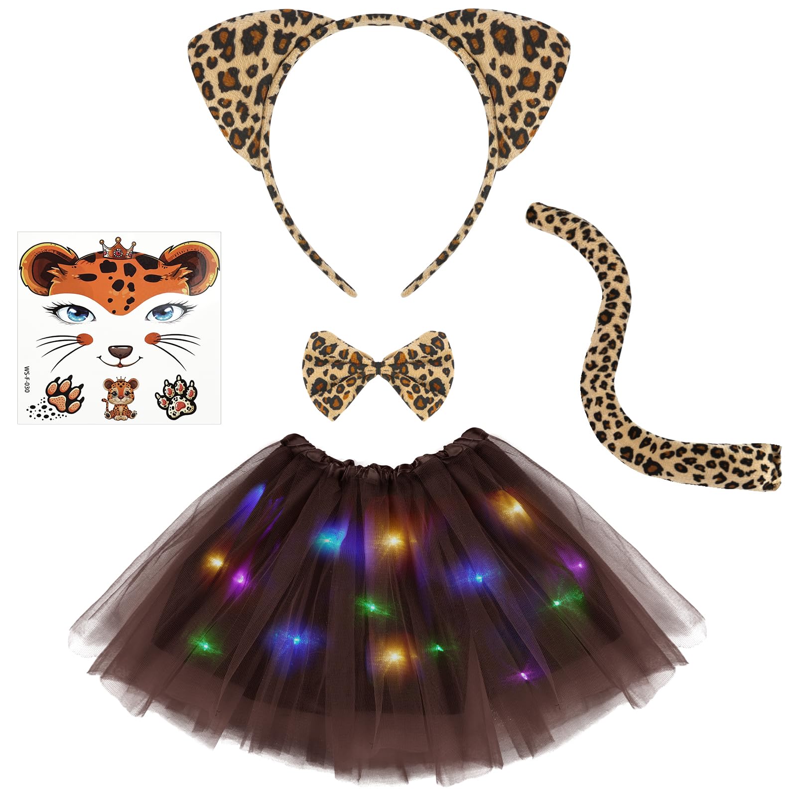 AOOWU Luminoso Costume Animale Bambina, Kit di 5 Pezzi Costume Animale Tutu LED Gonna con Cerchietti Orecchie Leopardo Coda Papillon Adesivi per Halloween, Carnevale Cosplay Party