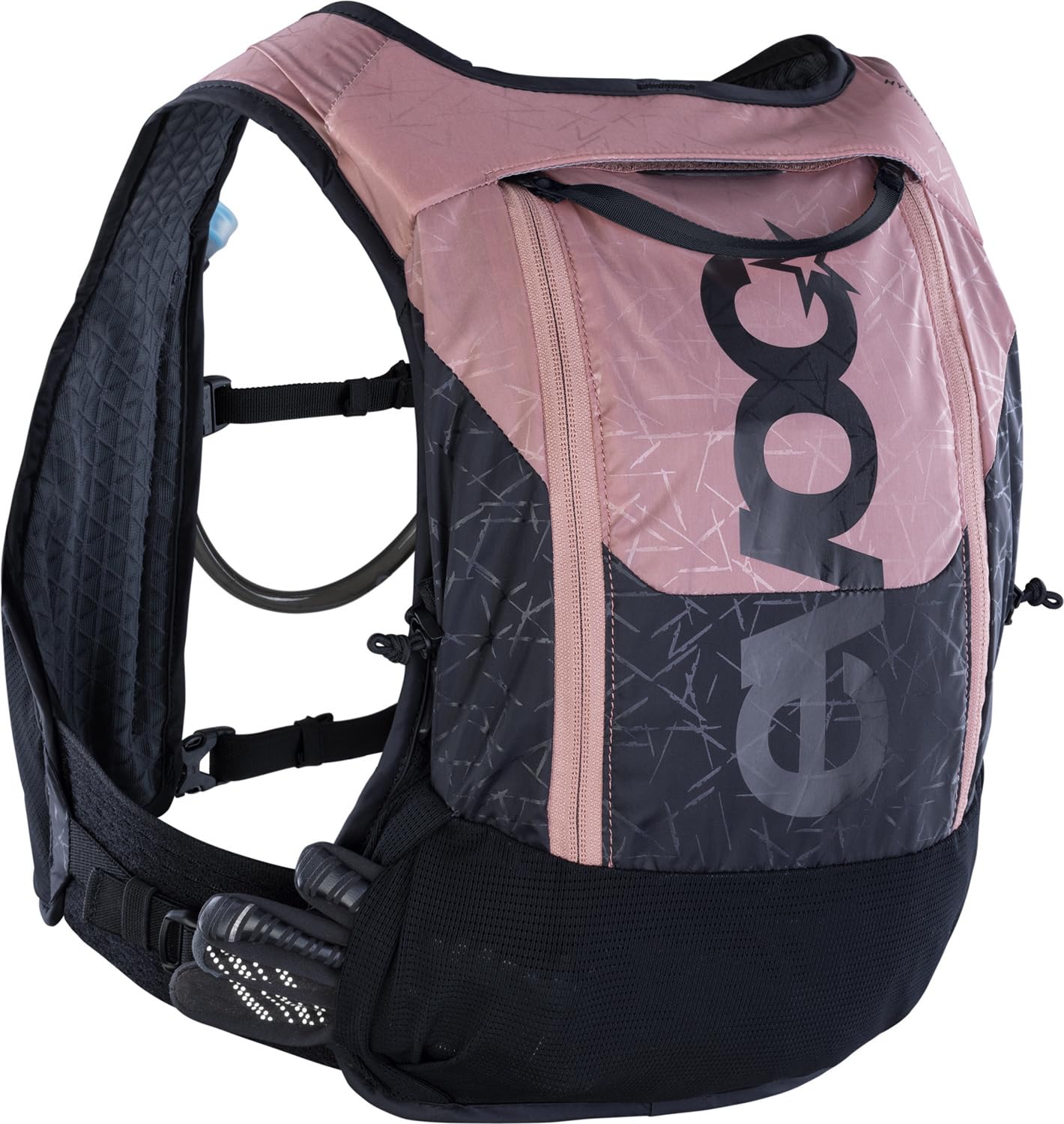 EVOC HYDRO PRO 6 + HYDRATION BLADDER 1,5, zaino idratante (2 scomparti per alimenti e tasche con cerniera, incl. sacca idrica da 1,5 l, taglia unica), rosa antico - nero