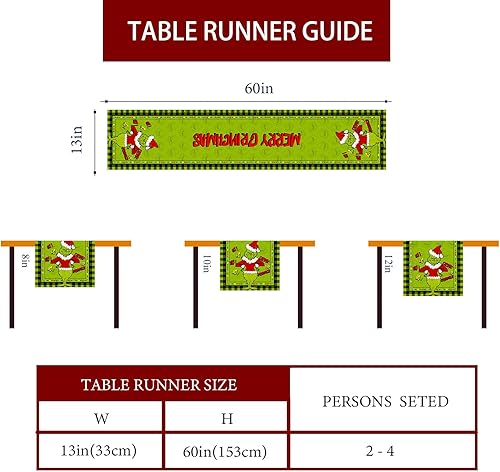 Miniatura 9 de FARMNALL Linen Green Christmas Table Runner Merry Grinchmas Tablecloth Christmas Xmas Winter Holiday Home Kitchen Table Decorations 13x72 Inch