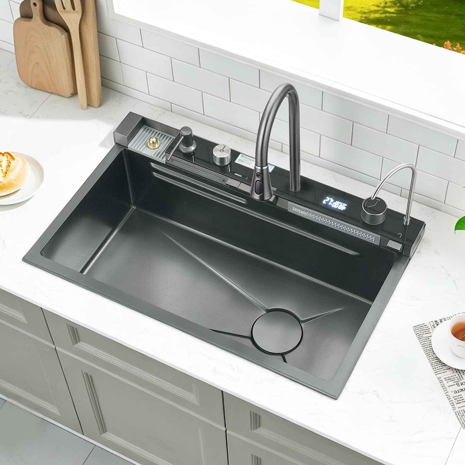 Fregadero Cocina Multifuncional 1 Seno Negro 80x45 cm | Fregadero Cascada en Acero Inoxidable 304, Grifo Extraíble y Grifo Filtrante, Tabla de Cortar y Accesorios Completos