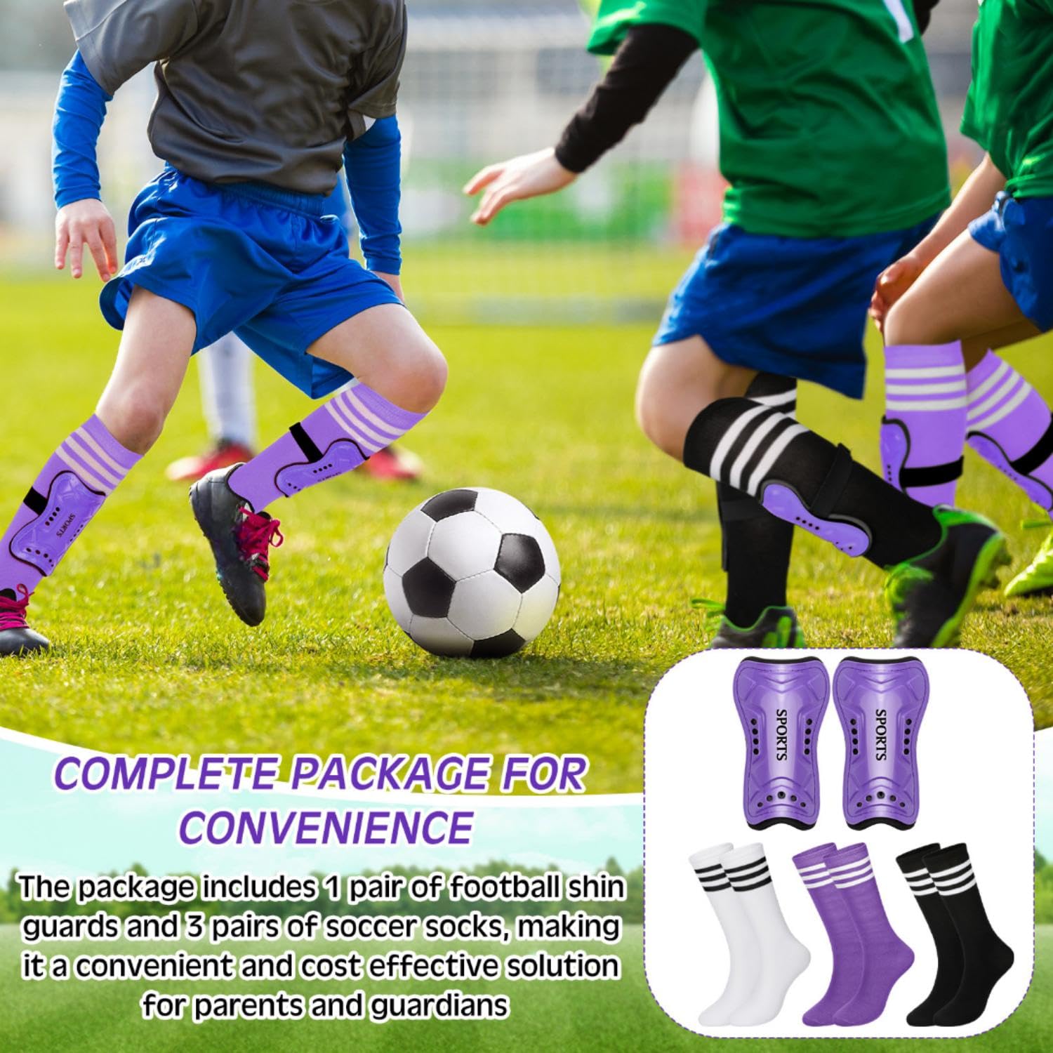 Liliful Juego de 4 espinilleras de fútbol para niños y jóvenes, incluye 1 espinilleras de fútbol con 3 calcetines de fútbol protectores, equipo de fútbol para niñas, niños, adolescentes y niños