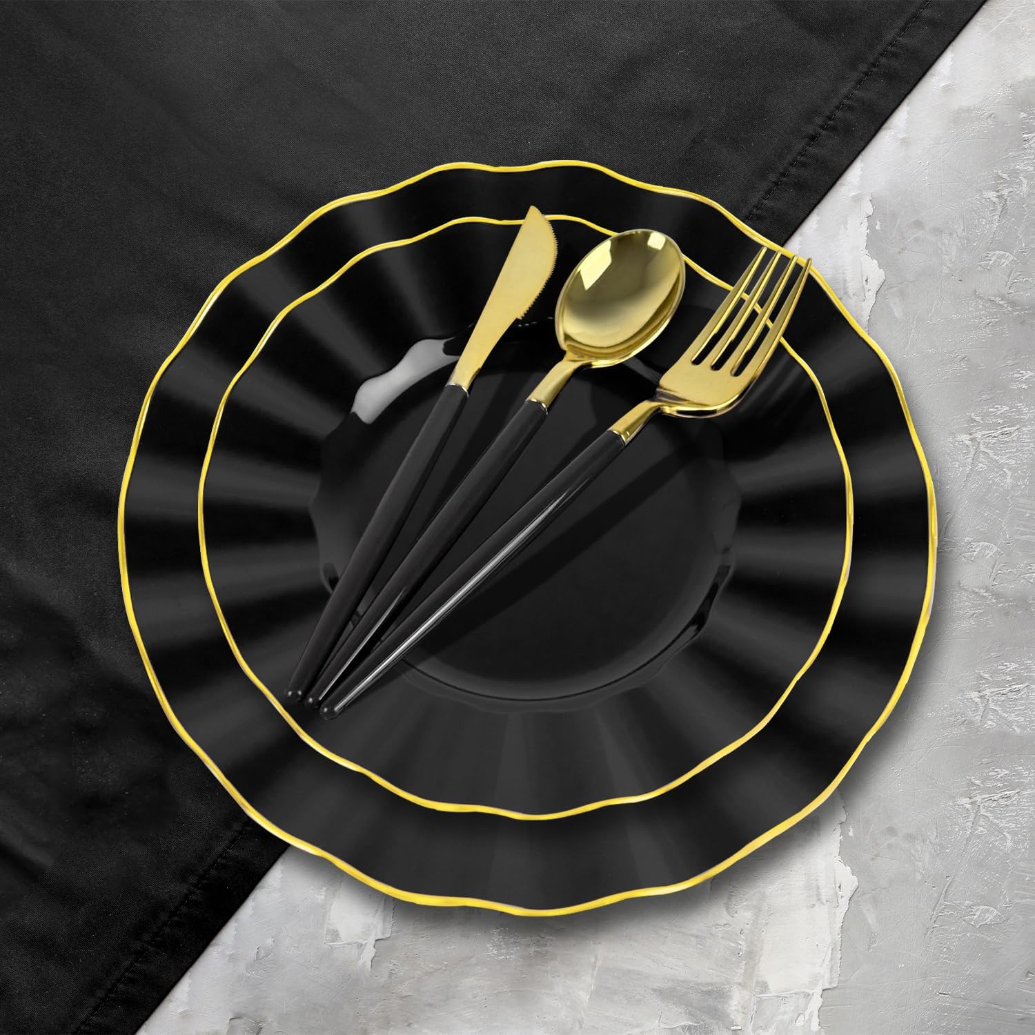 150Pcs Plastic Plates with Gold Rim,Heavy Duty Black Plates for 30 Guests,Plastic Dinnerware Set Include 30 Dinner Plate,30 Dessert Plate,90 Gold Cutlery Set for Party (Black)