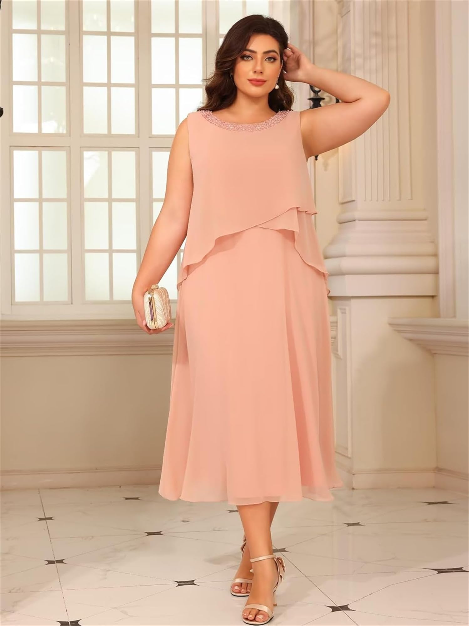 Große Größe Abendkleider Damen Lang,Zweiteilige Chiffon Brautmutterkleider mit Jacke Teelange A-Linien Hochzeitsgäste Kleid mit Bolero