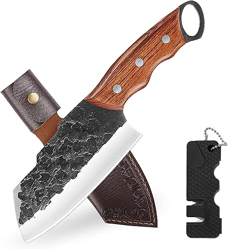 KOFERY Cuchillo de carnicero japonés hecho a mano, cuchillo pequeño con funda para cocina, campamento y barbacoa, gran idea de regalo