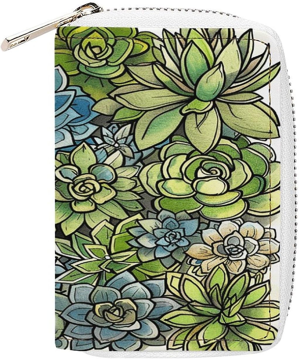 Leather Card Organizer Case Card Wallet Credit Card Holder Green Succulent Picture Printed Zipper Card Cases Holder for Women Men