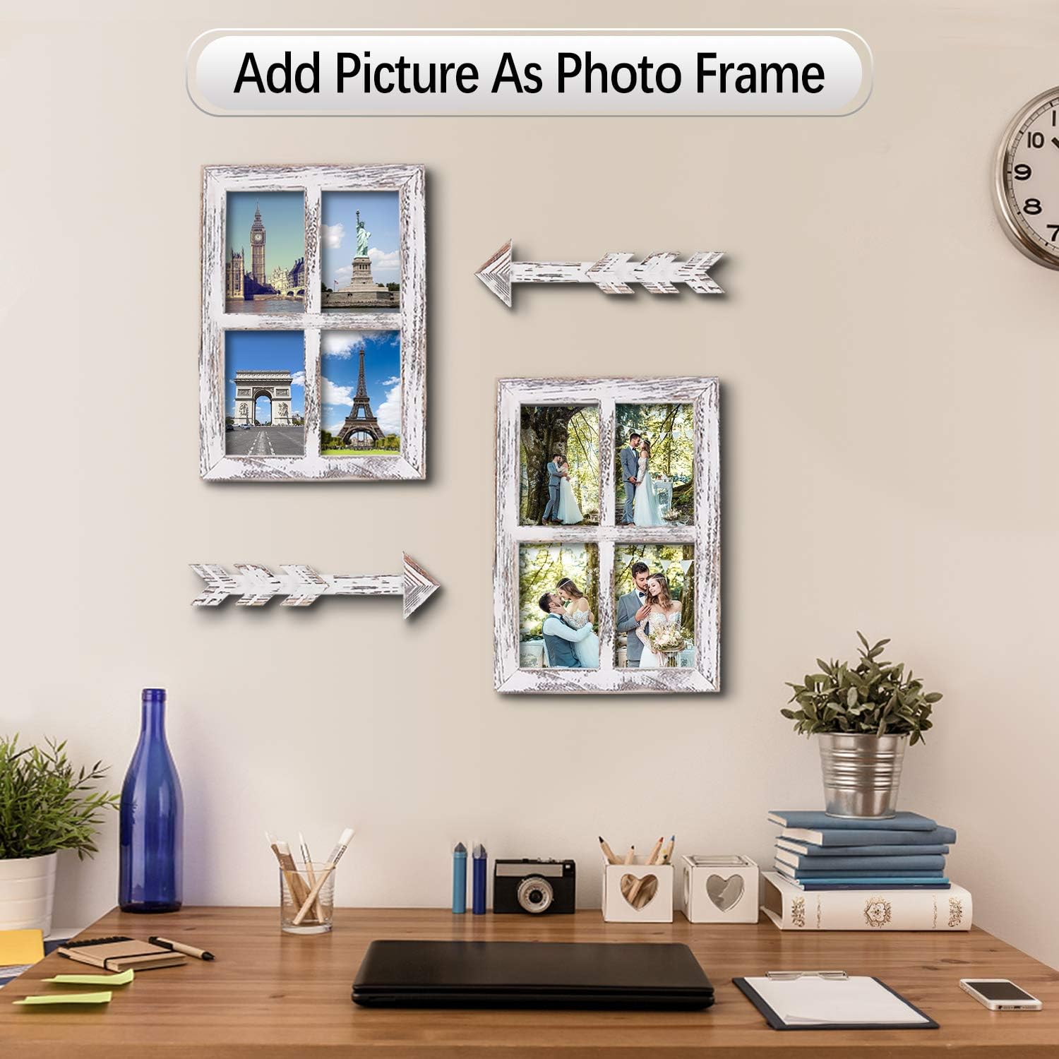 Honest Farmhouse Wall Décor Window Frame, Rustic Window Pane with Arrows Decor, Home Decor Window Barnwood Frames, Window Rustic Wall Art for Entryways, Living Room, Dining Room, Bedroom, 2 Set (S, White)