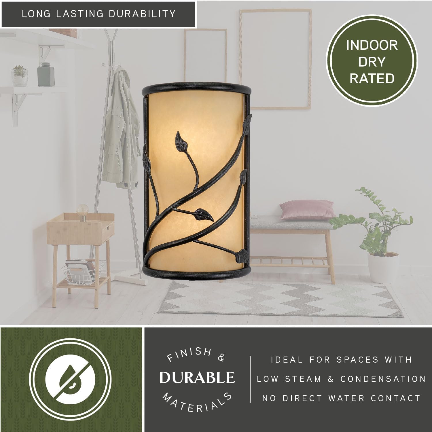 VAXCEL Vine 2 Light Black Rustic Flush Wall Sconce Amber Glass