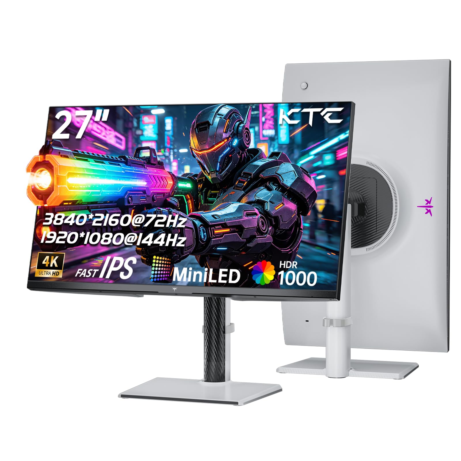 KTC Mini monitor de jogos LED 4K QD de 27 polegadas, modo duplo (UHD 72Hz/FHD 144Hz) 3840x2160 monitor com IPS rápido, HDR1000, sincronização adaptativa, HDMI e DP, VESA, altura/pivô/giro/inclinação