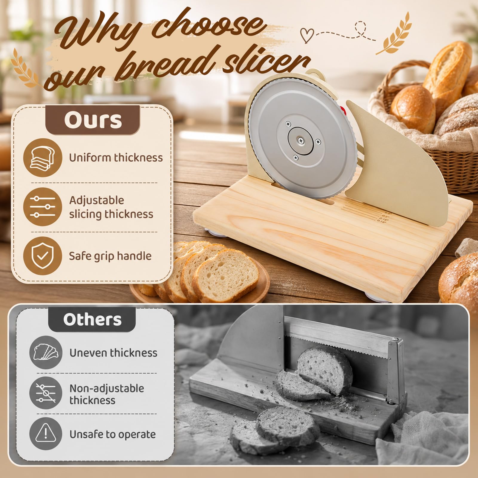 Affettatrice Manuale per Pane con Lama Acciaio, Spessore 0-28mm Regolabile | Affettatrice pane manuale–lama acciaio inox,spessore 0-28mm regolabile,manovella,base legno antiscivolo–per casa & panetteria
