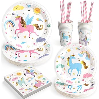 Unicorn Party Tableware Set Children's Birthday Paper Plates Napkins Cups Straws Unicorn Birthday Decoration Girls Boys Magic Birthday Plates Colourful Party Plates Tableware Set 12 People