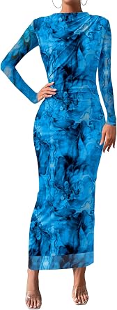 MAYFASEY Womens Floral Maxi Dress Long Sleeve Ruched Mesh Formal Wedding Guest Dresses Cocktail Party Bodycon Dress