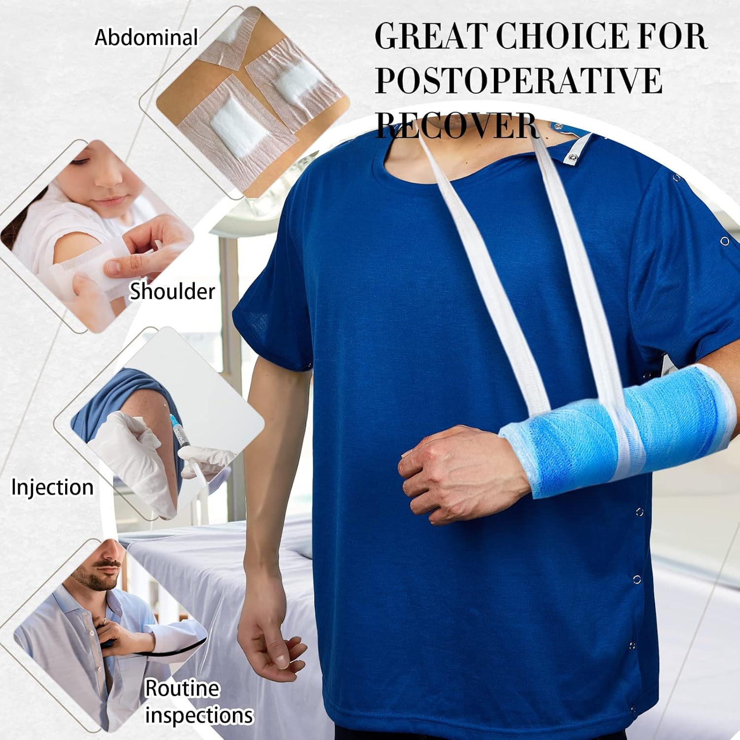 2 Pieces Post Surgery Shirt for Men Women Unisex Shoulder Surgery Shirts Left Right Side Snap Access Recovery Hospital Shirts