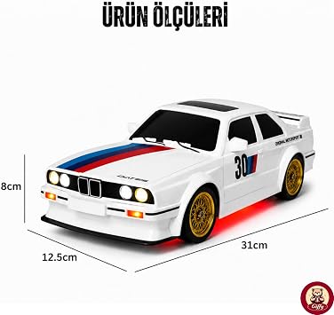 Uzaktan Kumandalı BMWW E30 Drift Arabası Retro Efsane Kasa 30 KM/H Sürat Yapabilen 4x4 Şarjlı Hız Ayarlı LED Işıklı 7 Farklı Renk 2 Farklı Mod (Beyaz)