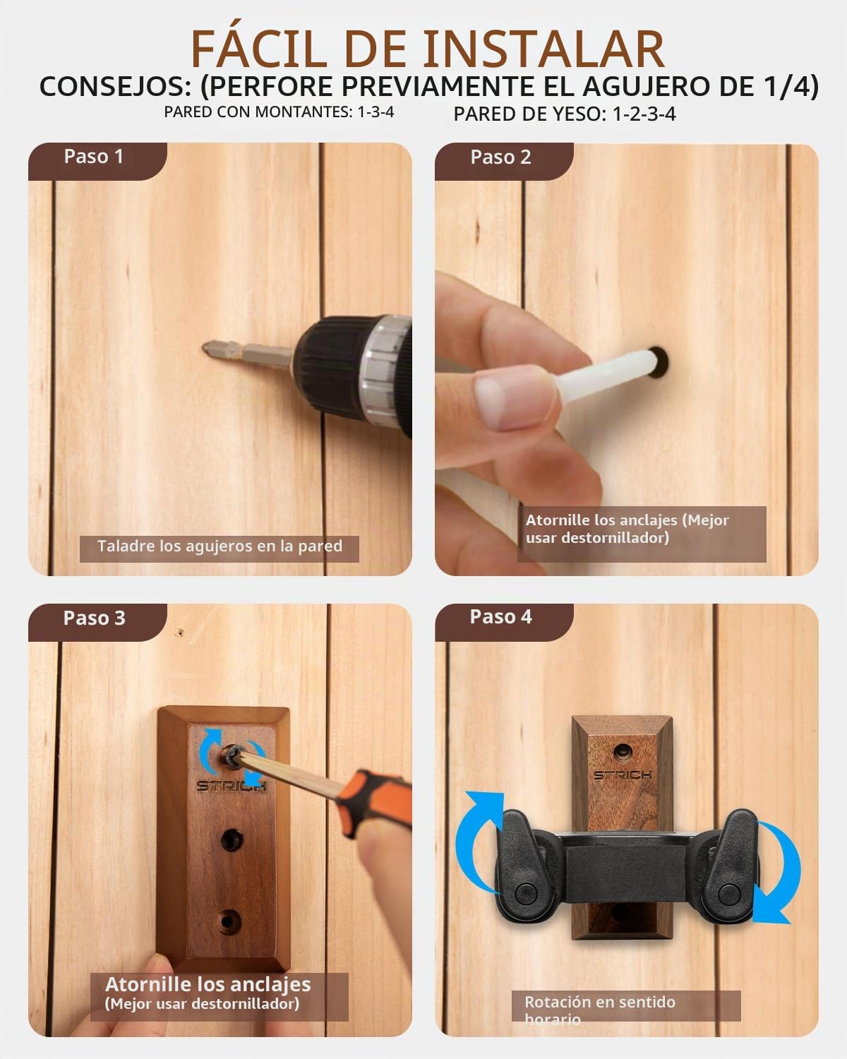STRICH Soporte de pared para guitarra, nogal, en forma de U con tornillos, gancho de bloqueo automático para guitarra acústica, guitarra eléctrica, banjo, bajo (paquete de 2)