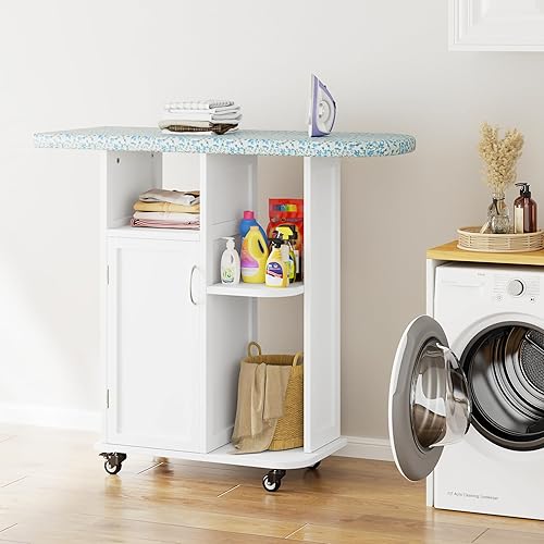 Miniatura 7 de Tabla de planchar rodante con armario de almacenamiento, mesa de planchar pequeña con almohadilla fija resistente al calor, mesa de manualidades con