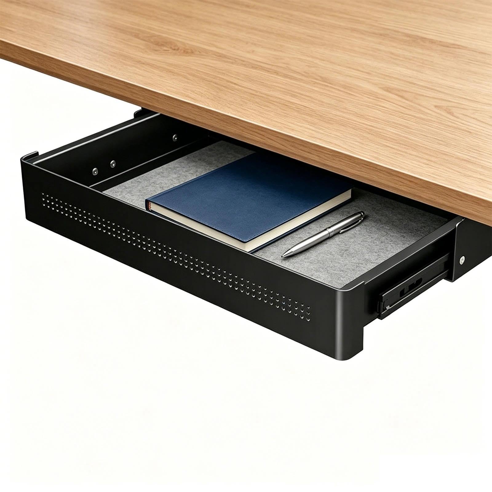 Guiwuiyu Under Desk Drawer, Metal Pull-out Storage Shelf with Max Load 8kg, Hidden Drawer Organizer for Wooden Standing Desk & Home Office Tables, Black