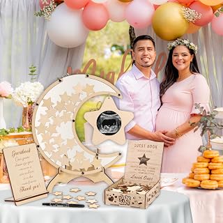 67pcs Baby Shower Guest Book Alternative Wooden Guest Sign in Moon with Star Photo Frame Gender Reveal Welcome Baby Party Decorations Moon Guestbook Sign for 1st Birthday Pregnancy Keepsake
