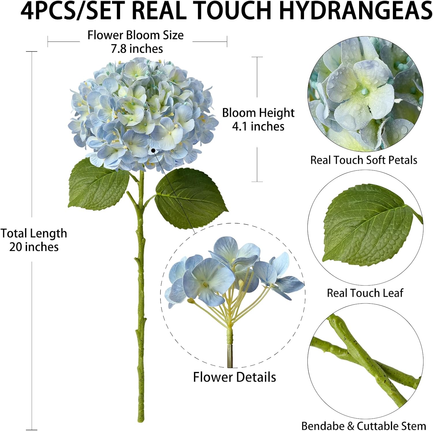 4 Pcs 20'' Real Touch Hydrangeas 2 White 2 Light Blue Artificial Hydrangeas Flowers Faux Latex Hydrangea for Kitchen Living Room Porch Home Decor Baby Shower Party Wedding Table Centerpiece - Image 9