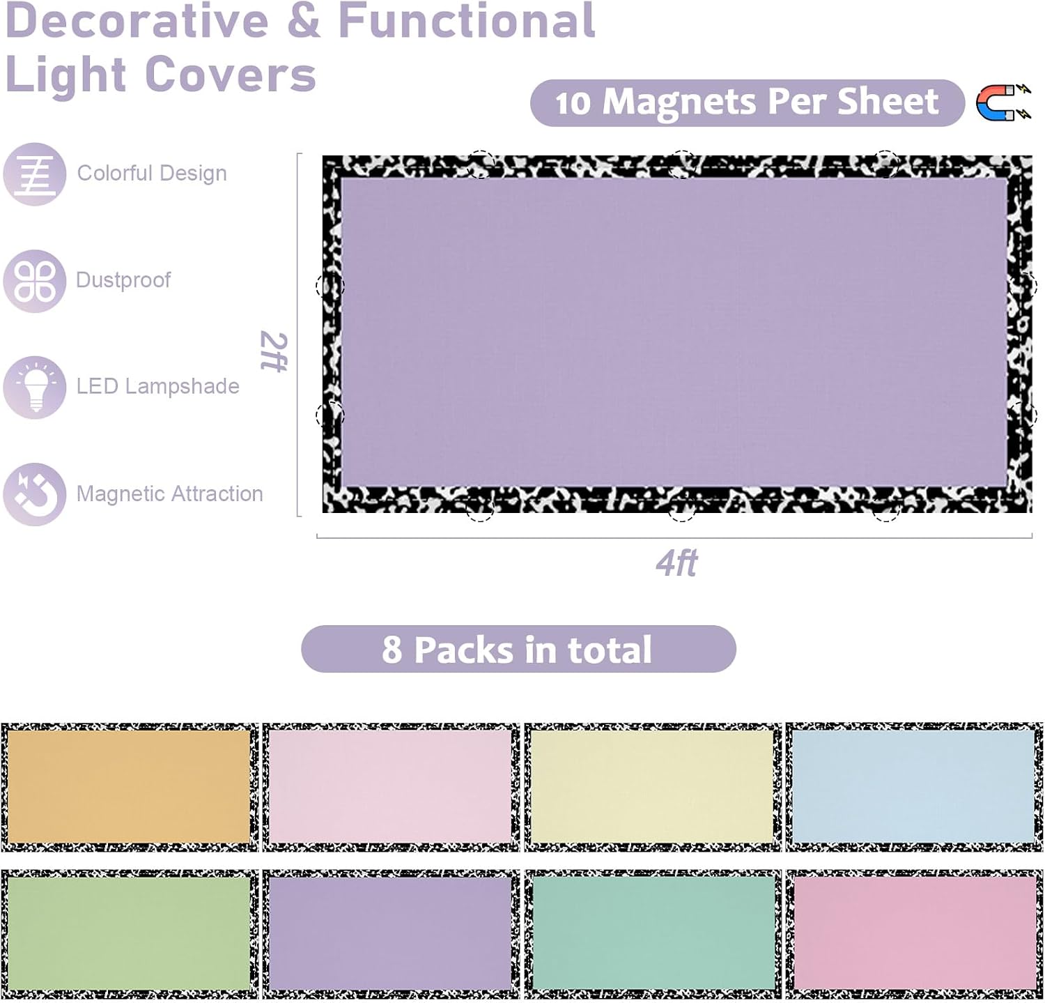 8 Pcs Fluorescent Light Covers for Classroom Ceiling Lights 4x2 FT Colorful Magnetic Light Filters Pastel Decorative Panels for Back to School Office Hospital Ceiling Supplies (Colorful Composition)