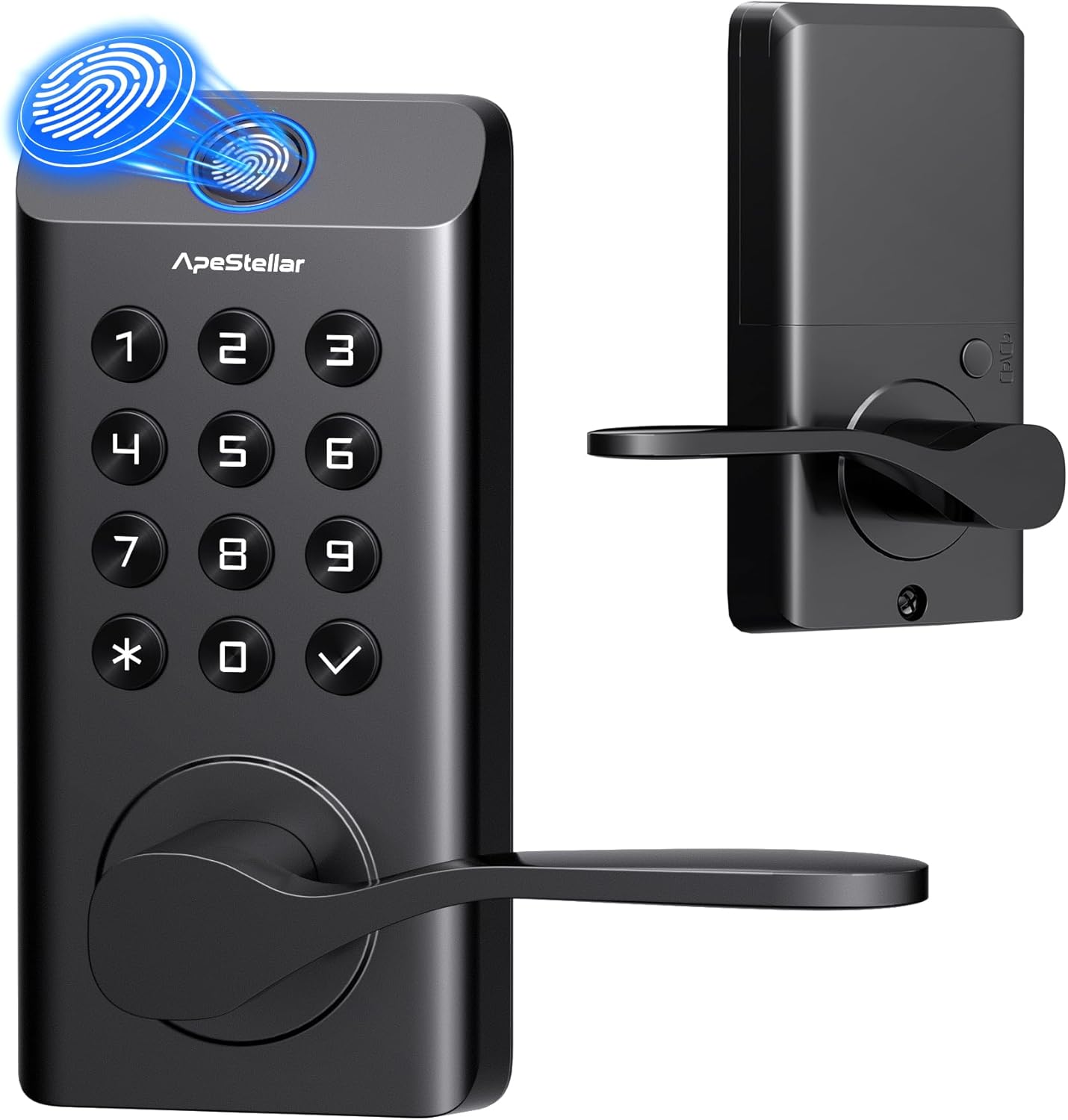 Fingerprint Keyless Entry Door Lock, Biometric Door Knob with Handle, Keypad Digital Code Lock for Front Door, Superior Durability & Voice Guidance, Matte Black