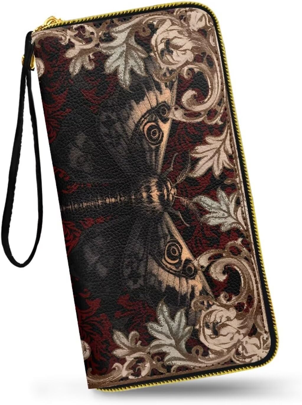 Gothic Moth Slim Wallet for Women Retro Damask Floral Long Zipper Around Credit Card Holder, Red Large Capacity Leather Billfold Clutch Wallets