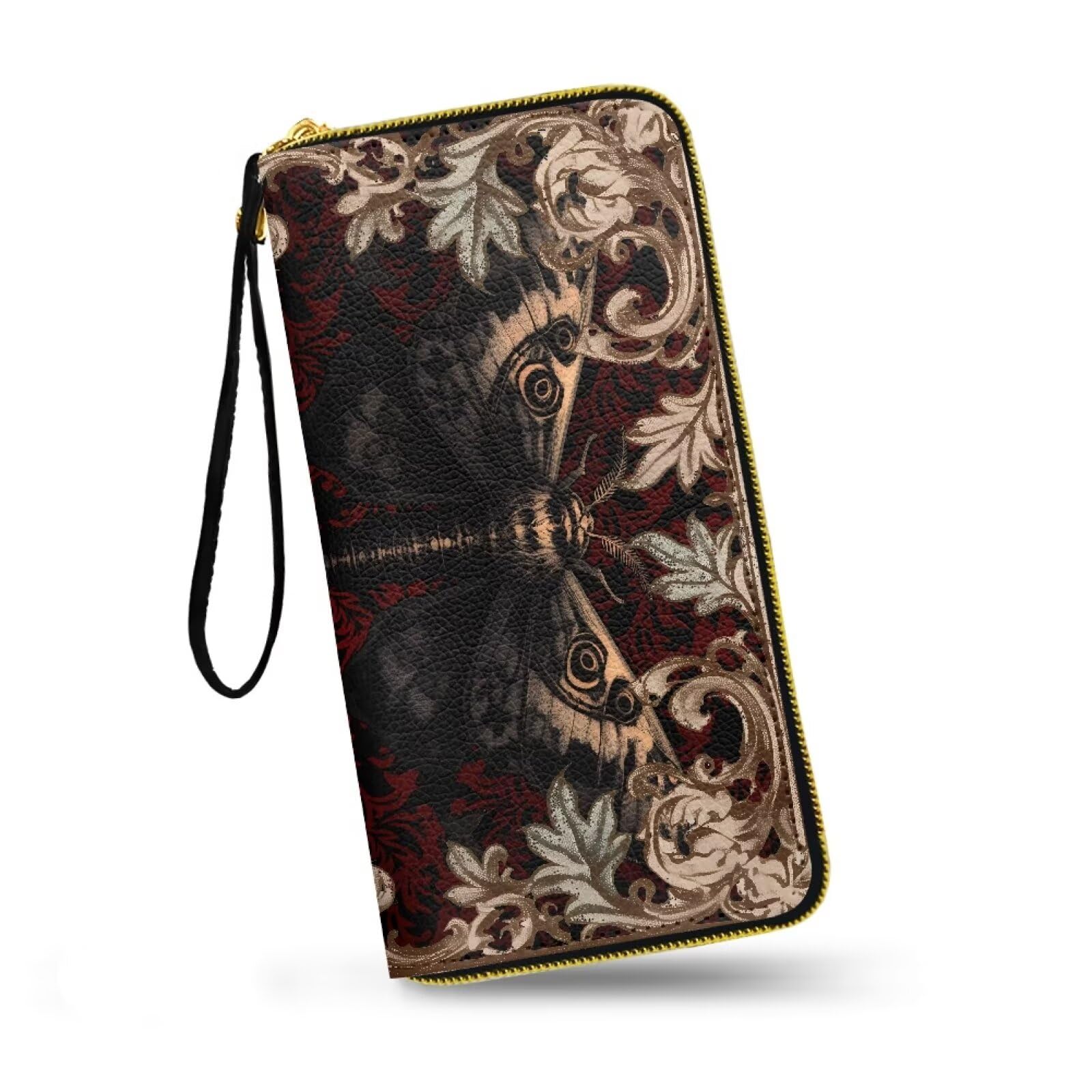 Jolamirel Gothic Moth Slim Wallet for Women Retro Damask Floral Long Zipper Around Credit Card Holder, Red Large Capacity Leather Billfold Clutch
