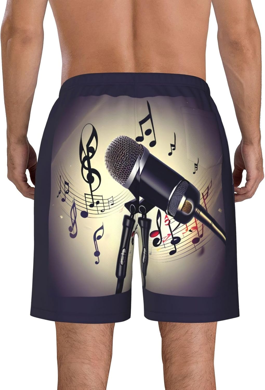 Microphone with Music Note Print Men's Quick-Drying Shorts Casual Beach Pants Stretch Waist Shorts and Pockets