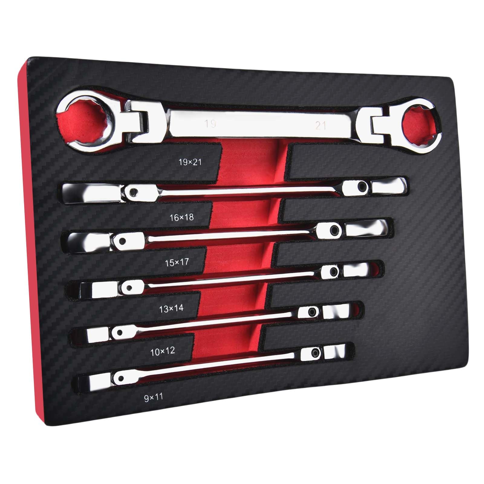 GOLD DEER 6 Piece Flex Head Flare Nut Wrench Set Metric 9-21mm, 40 Cr Double Open End Brake Line Wrench for Automotive Brake, Fuel, AC Lines and Plumbing Repairs, Flex Tools with EVA Storage Tray